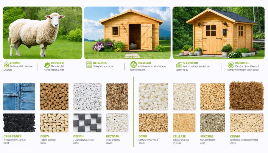 Illustration of eco-friendly shed insulation materials including sheep's wool, recycled denim, and cellulose with a cozy shed surrounded by nature, highlighting sustainability and energy efficiency.