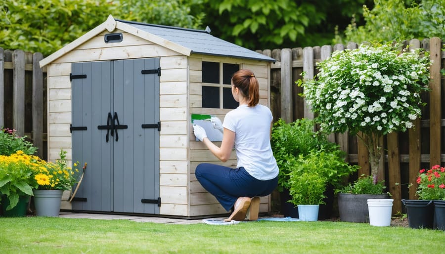 DIY enthusiast applying eco-friendly paint to wooden garden shed with proper technique