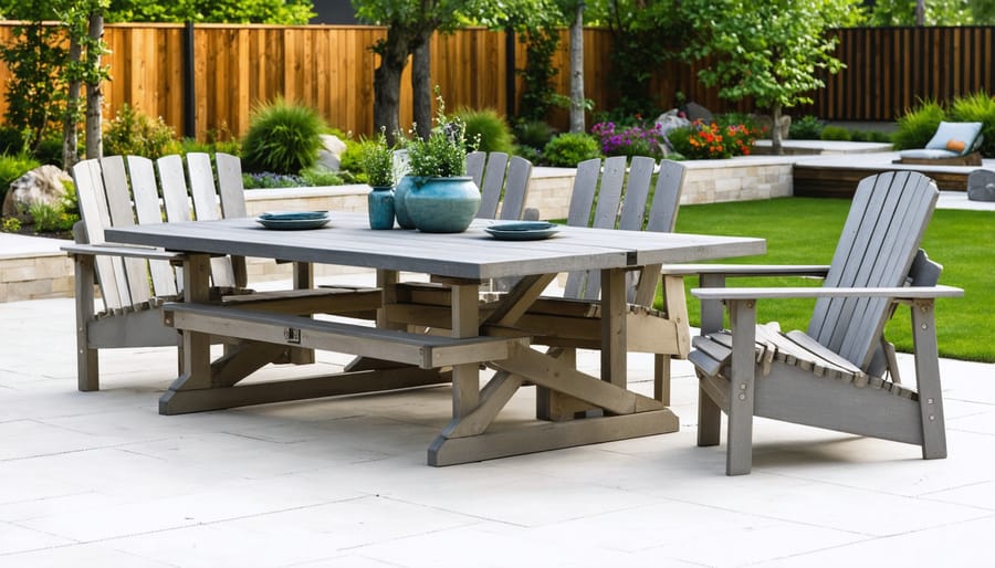A beautifully crafted 4x4 patio set featuring a dining table and chairs in a lush backyard garden setting, emphasizing durability and eco-friendly design.