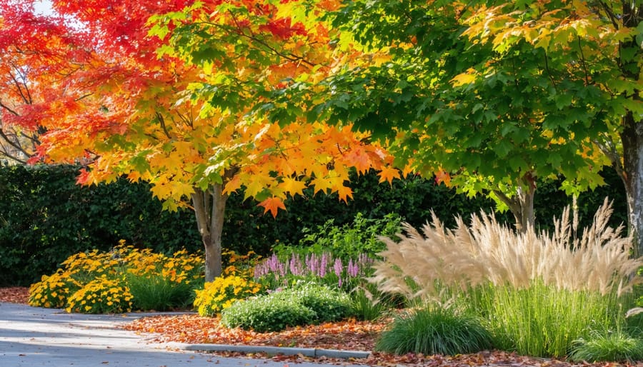Fall landscape design with red and orange maple trees, tall ornamental grasses, and chrysanthemums