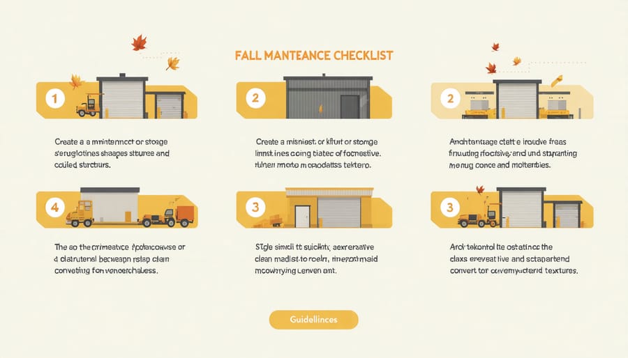 Visual checklist of fall maintenance tasks for storage structures including roof inspection, ventilation, and weatherproofing