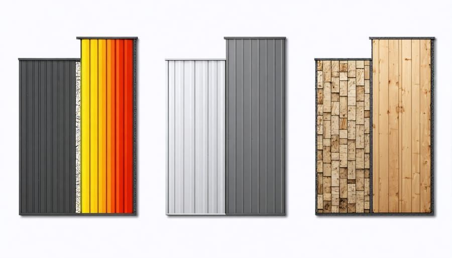 Side-by-side comparison of fire-resistant building materials showing metal panels, composite boards, and treated lumber