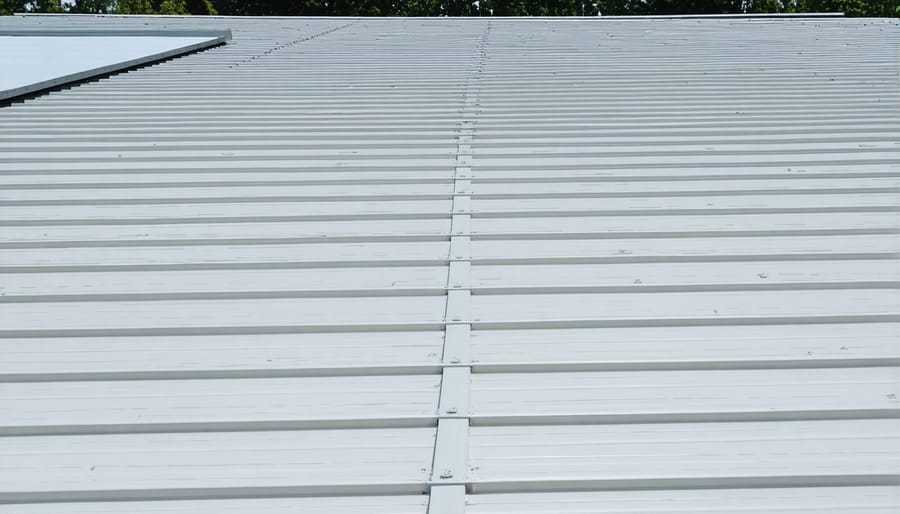 Installation process of fire-resistant metal roofing panels on a shed with detailed view of seams and fasteners