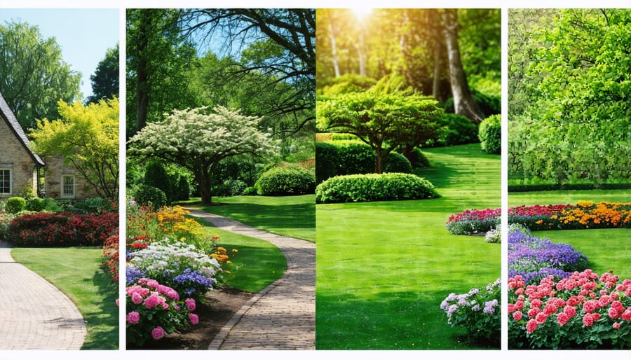 Four-panel view of a residential garden transforming through spring, summer, fall, and winter seasons