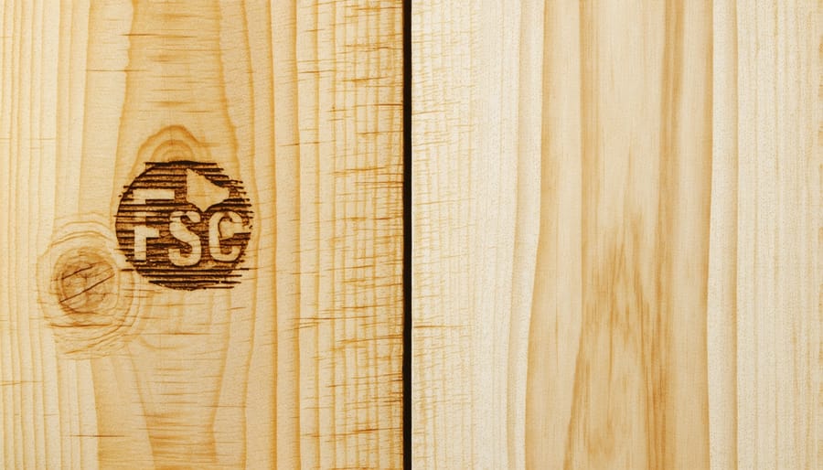 Side-by-side comparison of FSC-certified wood and conventional lumber with visible certification stamps