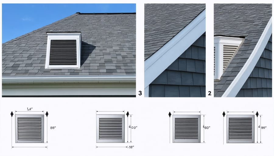 Series of photos showing the tools and stages of installing a gable vent in a storage shed