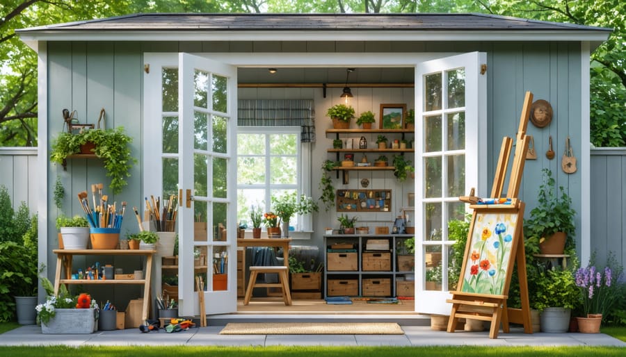 A charming backyard shed converted into an art studio with ample natural light streaming through large windows, organized storage shelves, and a welcoming easel setup, surrounded by vibrant greenery.