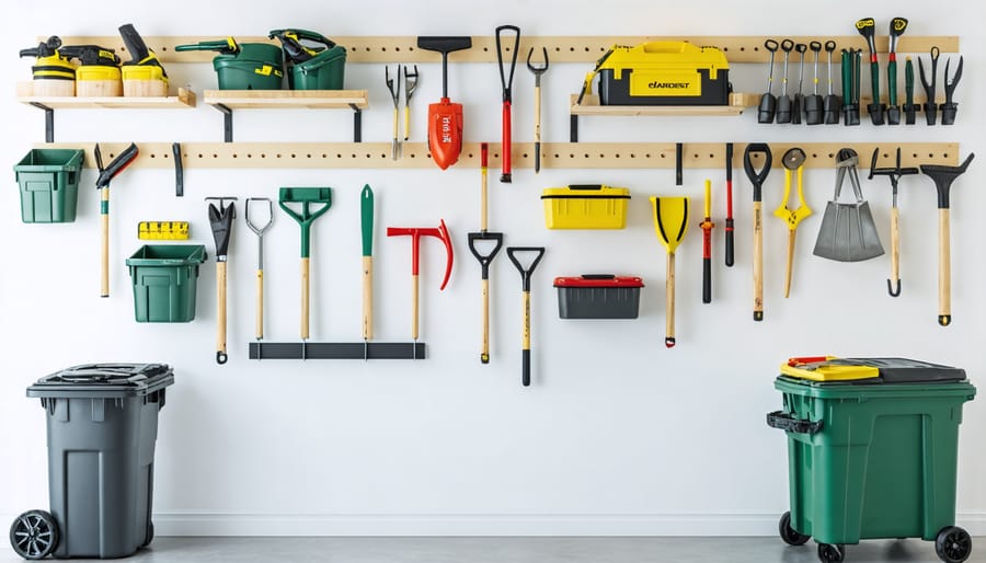 Organized garden tool storage system with rakes, shovels, and pruning tools neatly arranged on wall-mounted racks