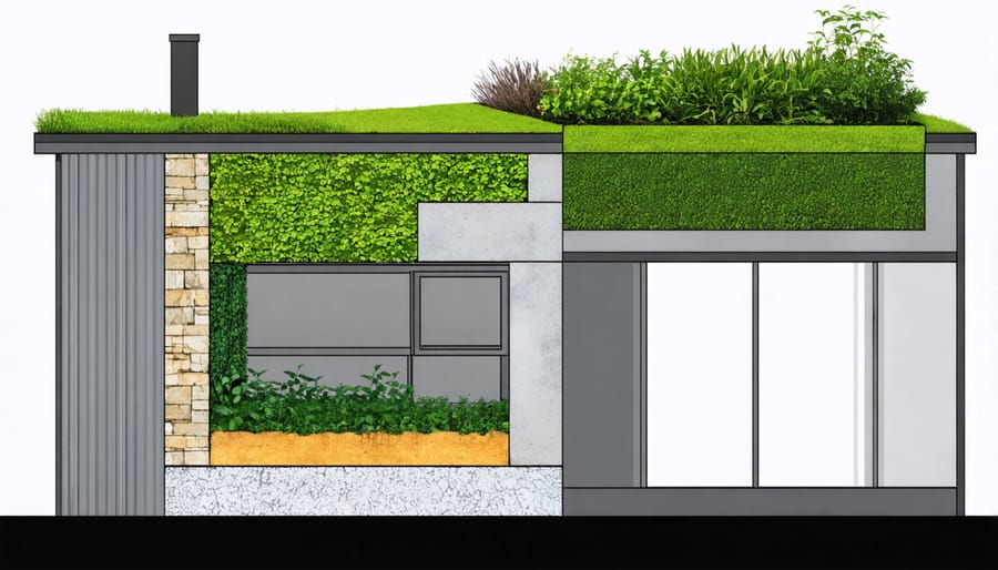 Cross-section view of a green roof system on a shed showing plant layer and insulation