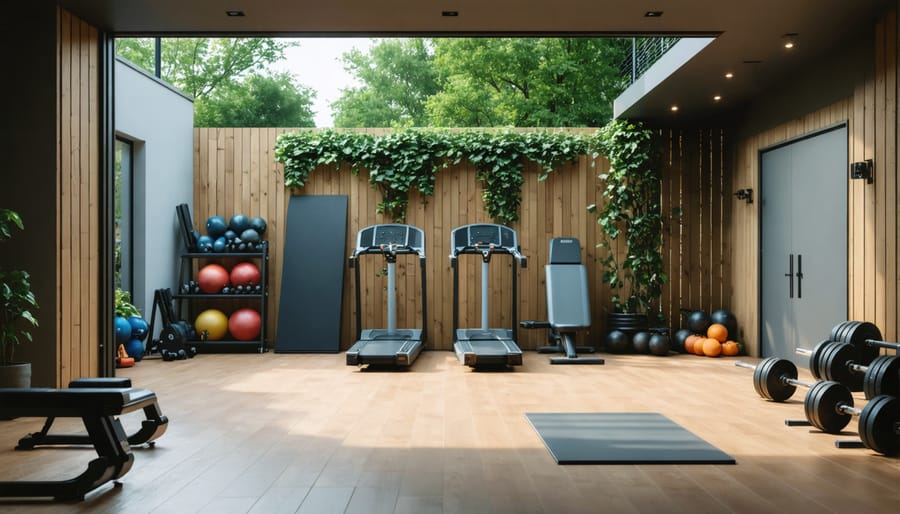 Interior view of a converted shed gym showing lighting, mirrors, and ventilation features