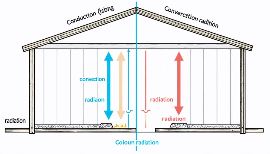 Detailed illustration of heat transfer mechanisms through a typical shed wall structure