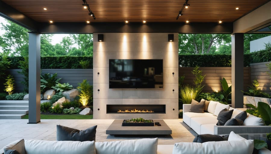 Modern backyard entertainment area with a weatherproof TV, outdoor speakers, and comfortable seating under a patio, creating a luxurious outdoor experience.