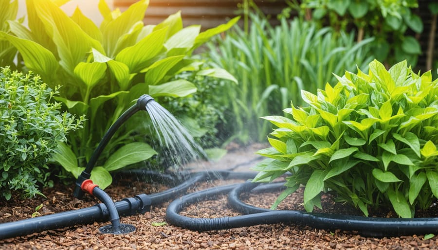 Home garden drip irrigation system delivering targeted water to plant roots