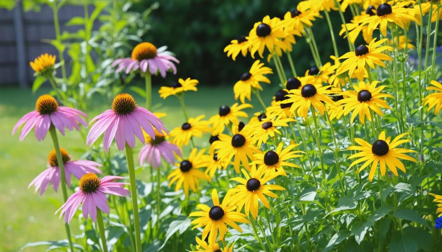 Vibrant garden bed with native Kansas purple coneflowers and black-eyed susans attracting butterflies