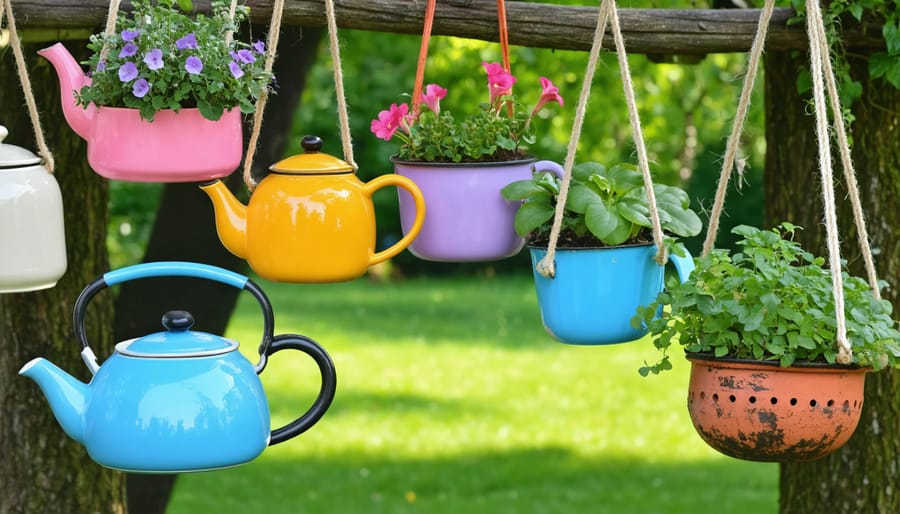 Vintage kitchen items transformed into creative garden planters with flowering plants