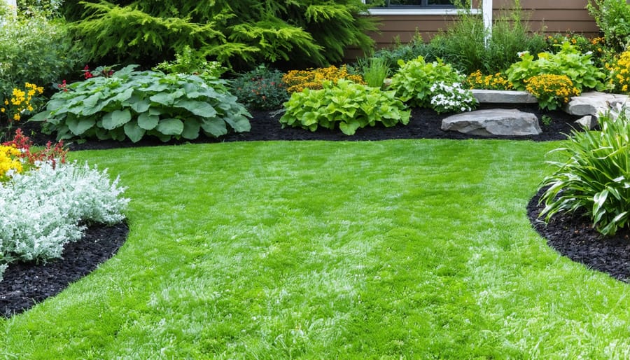 Before and after transformation showing traditional grass lawn next to colorful native groundcover garden