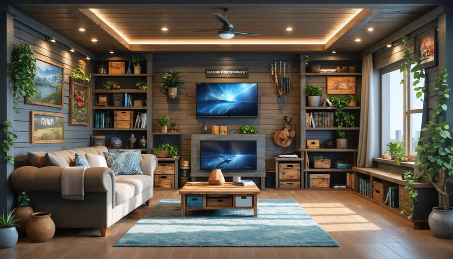 Well-organized man cave interior with multi-functional furniture and storage