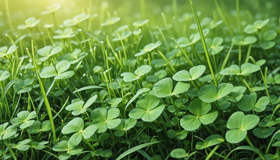Detailed view of microclover plants interspersed with grass blades in a healthy lawn