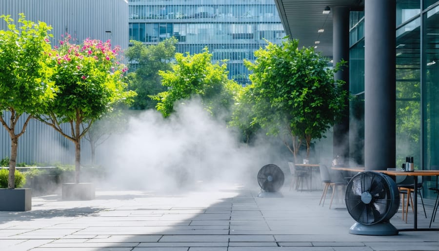 Demonstration of misting system and fans cooling an outdoor work area