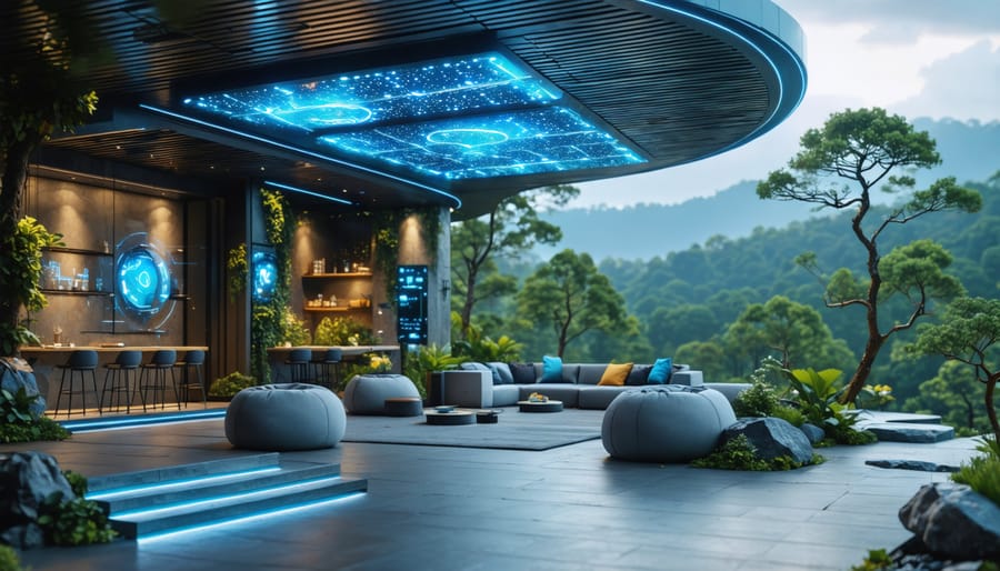 An outdoor workspace equipped with smart technology, featuring solar panels, intelligent lighting, and motion sensor systems integrated into a natural environment.