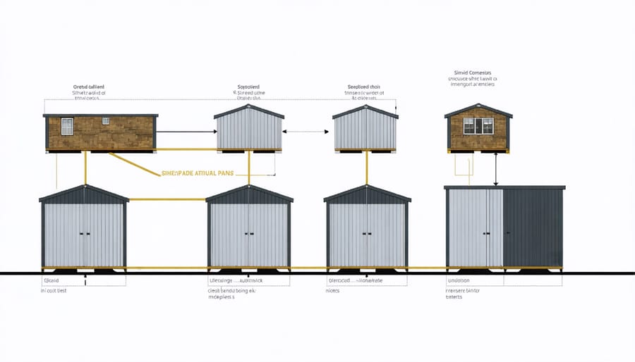 Technical illustration of modular shed components demonstrating interlocking assembly system