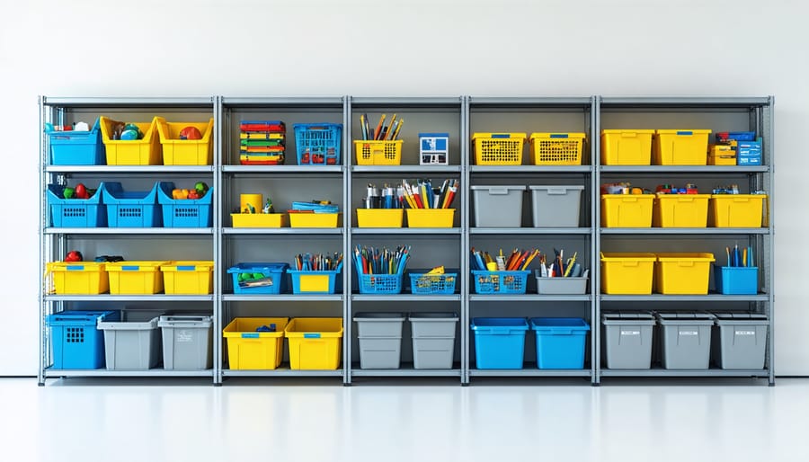 Color-coded modular storage system with labeled bins and adjustable shelving