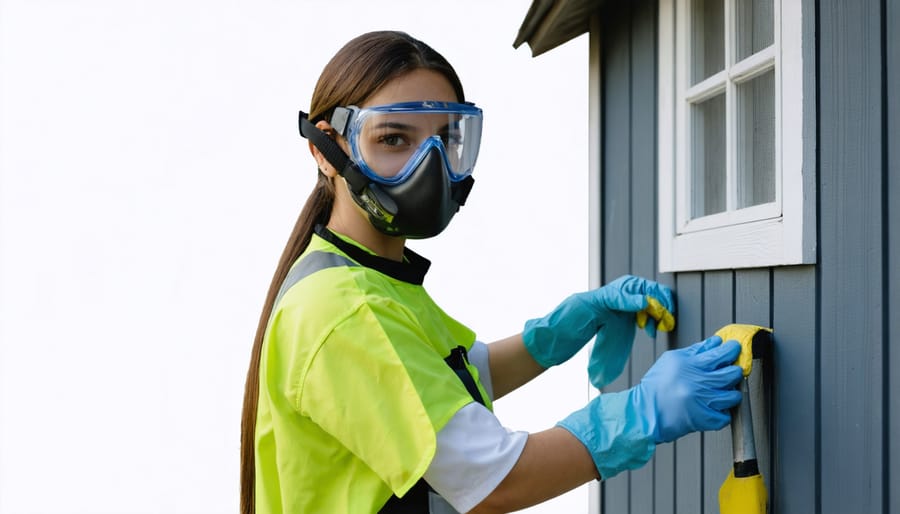 Demonstrating proper safety gear for cleaning mouse-infested areas