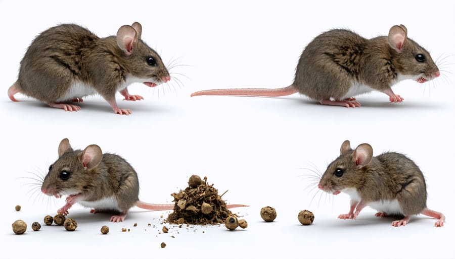 Visual evidence of mouse infestation showing droppings, gnaw marks, and nesting materials