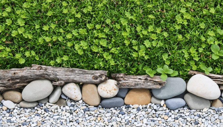 Garden pathway edged with artistic arrangement of driftwood and stones