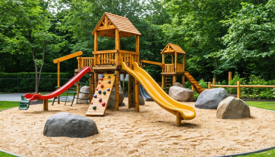 Natural playground design with wooden structures, rock features, and educational garden space
