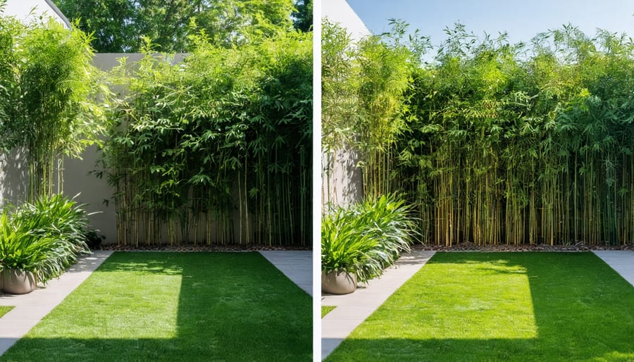 Before and after comparison showing transformation of an exposed backyard using natural privacy plants