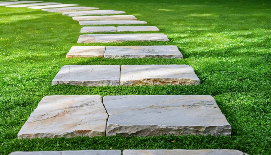 Permeable garden pathway made with natural stone pavers and vegetation growing between stones