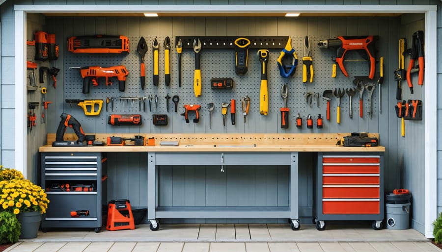 Efficiently arranged workshop shed featuring built-in workbench and wall-mounted tool organization
