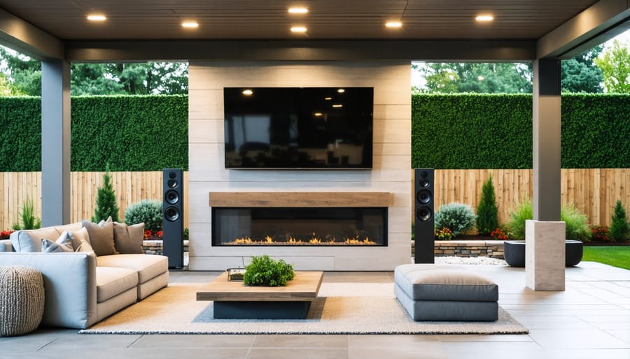 Luxury outdoor entertainment system with weatherproof TV and speakers on a covered patio