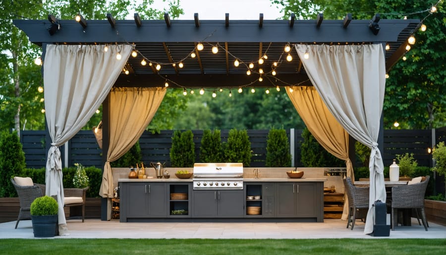 Budget-friendly pergola and weather protection solution for outdoor kitchen