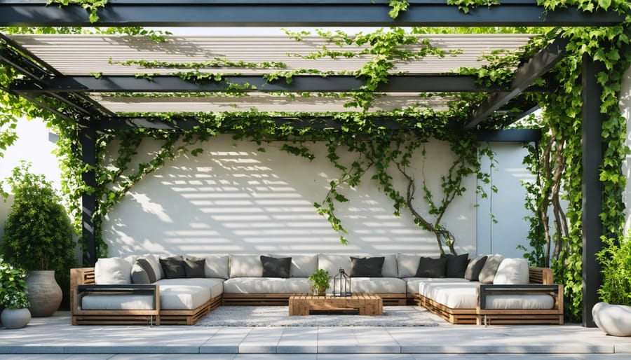 Outdoor workspace featuring a pergola with both mechanical and natural shade solutions