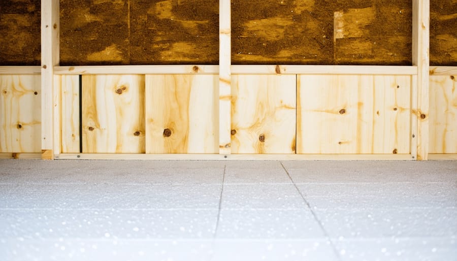 Close-up of pet shed insulation and flooring installation details