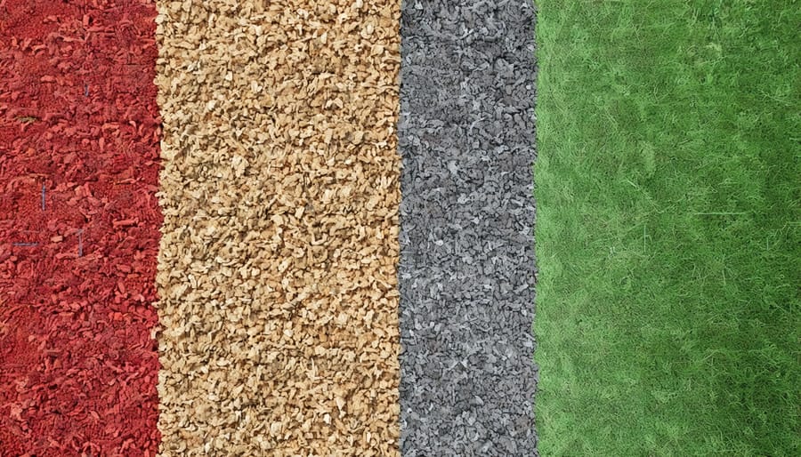 Comparison of playground surface materials showing rubber mulch, wood chips, and artificial turf