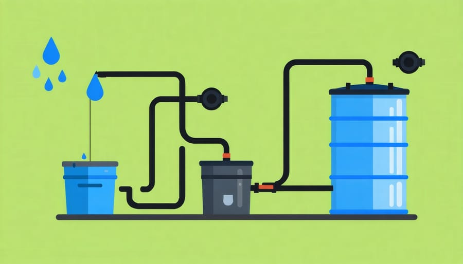 Diagram of rainwater collection system showing gutters, storage, and garden irrigation