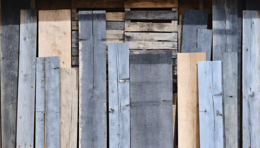 Variety of weathered barn wood and pallet planks arranged as shed wall construction