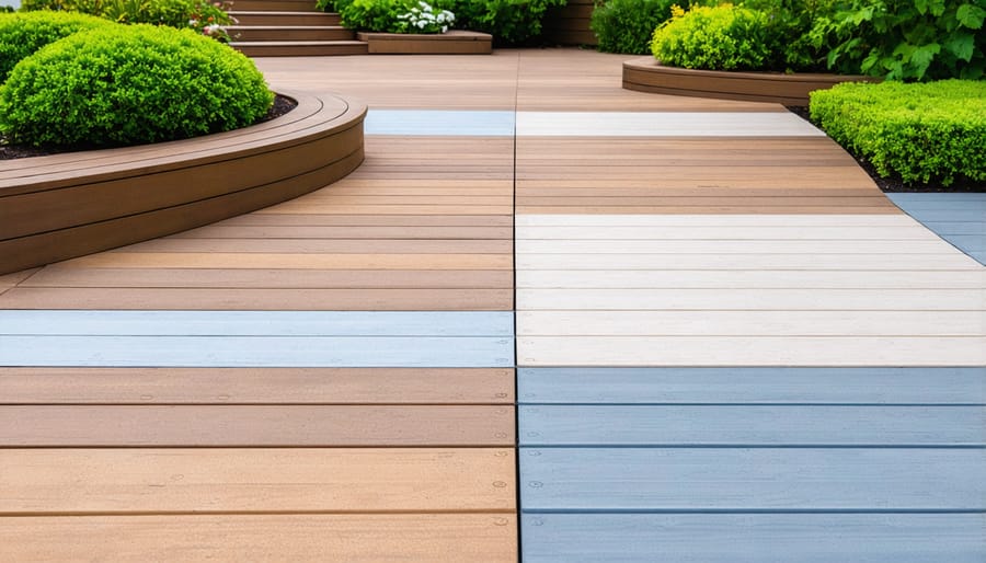 Contemporary backyard deck constructed with recycled plastic lumber materials in various earth tones