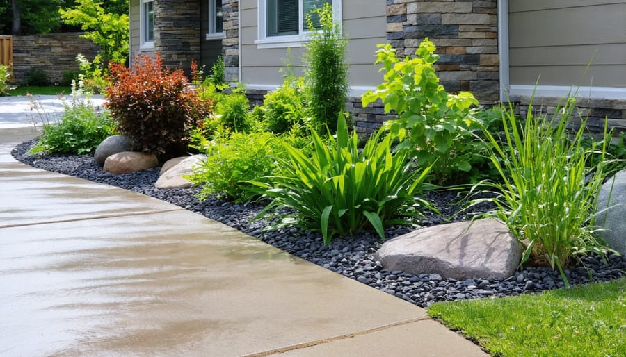 Beautiful backyard rain garden with flowering plants and structured drainage system