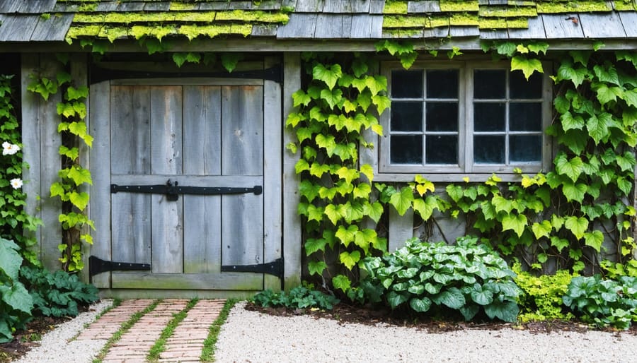 Natural garden shed with green living wall and vintage materials