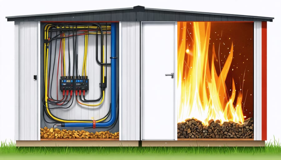 Split image showing a shed with well-insulated and protected wiring on one side and exposed, frayed, undersized wires with sparks on the other, illustrating safe vs. dangerous electrical practices.