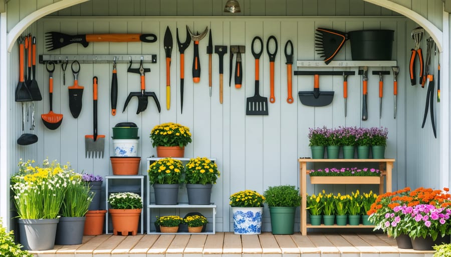 Organized garden shed showing efficient storage systems for seasonal landscaping equipment