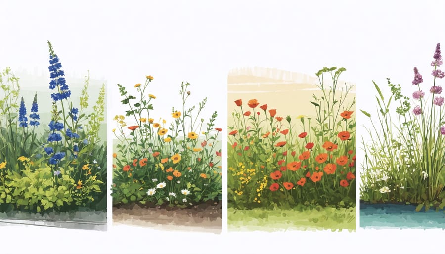 Split-view photograph showing the same native garden area during spring, summer, fall, and winter