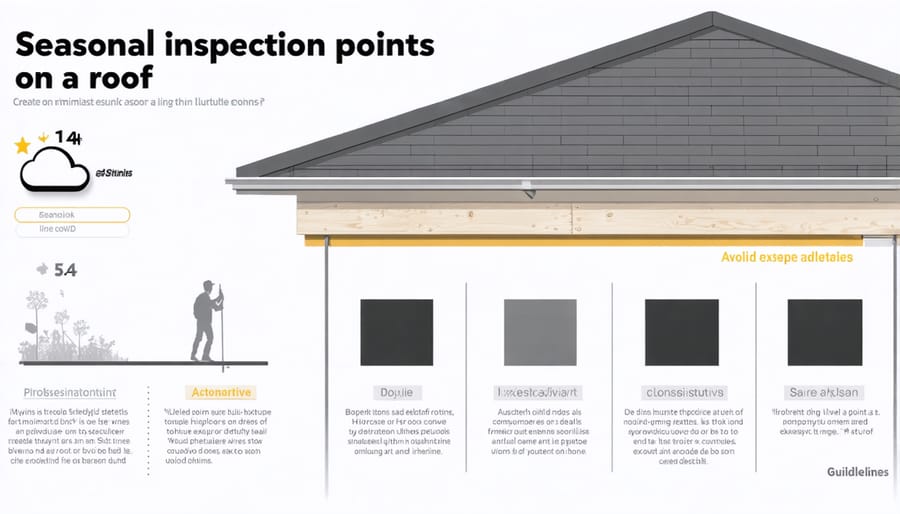 Illustrated diagram highlighting key areas to inspect on a shed roof during different seasons