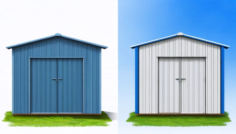 Side-by-side comparison of storage shed with summer heat protection and winter weatherproofing