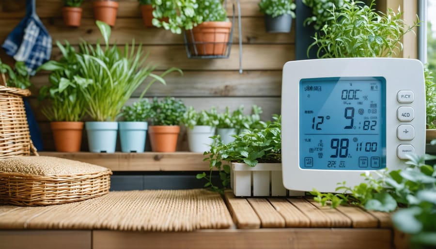 Interior view of organized garden shed with smart thermometer monitoring environment