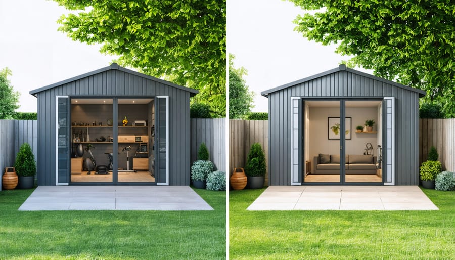 Split image showing a basic storage shed next to its transformation into a well-equipped backyard gym